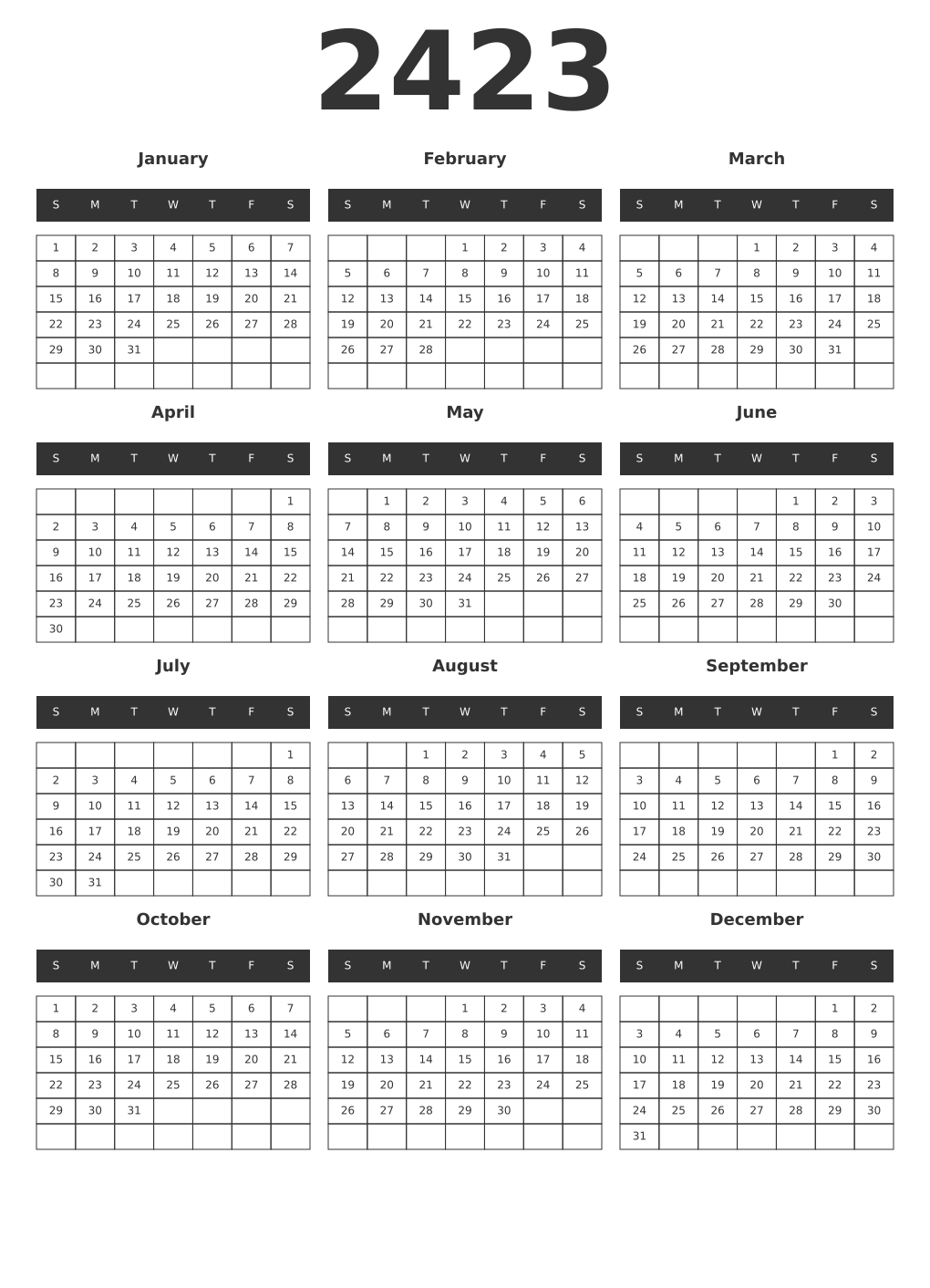 Printable 2423 Year Calendars dark