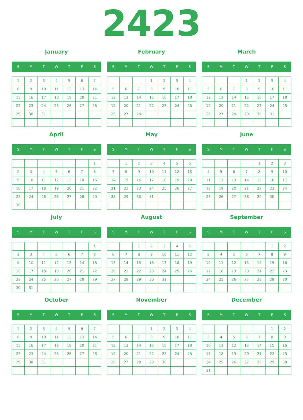 Printable 2423 Year Calendars green