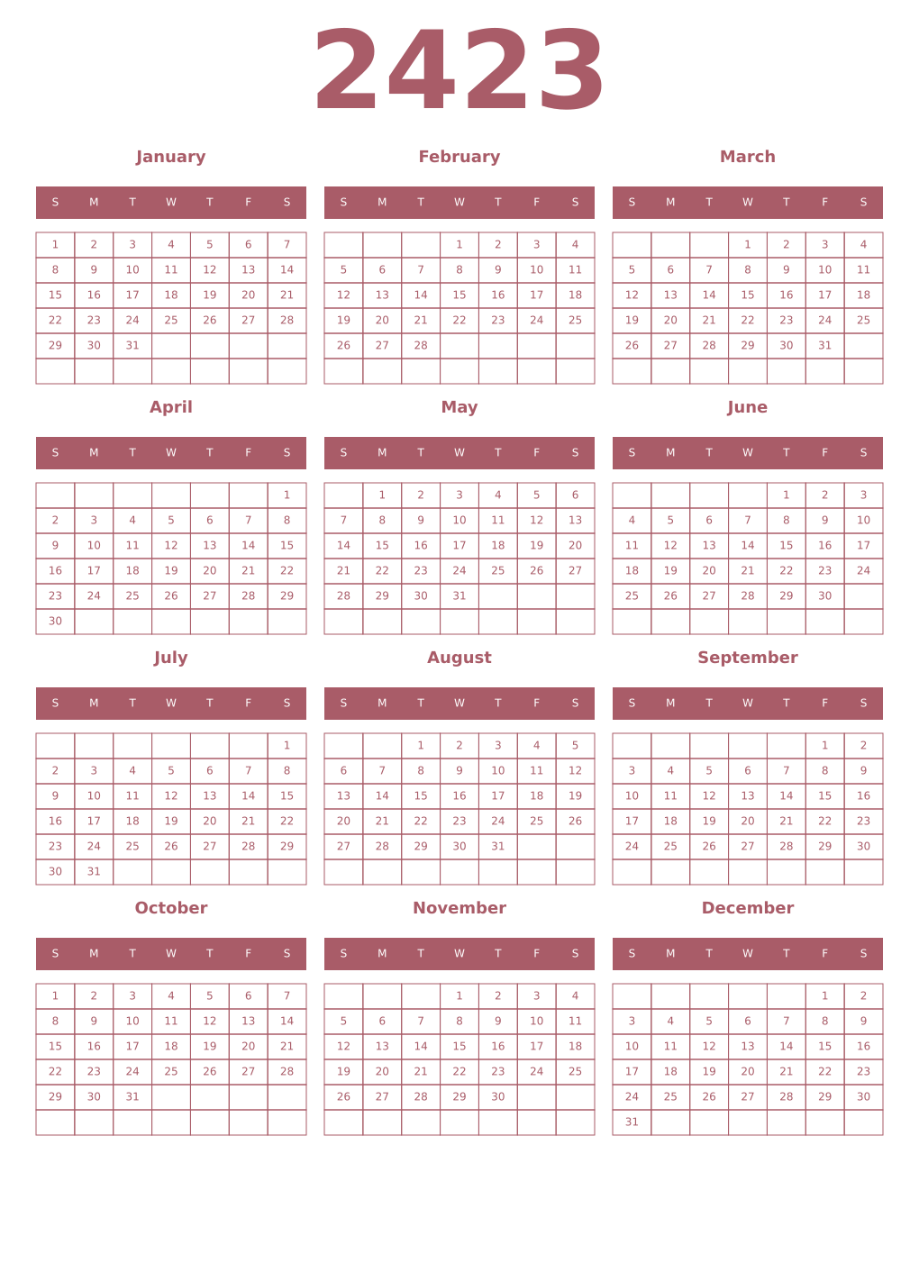 Printable 2423 Year Calendars puce