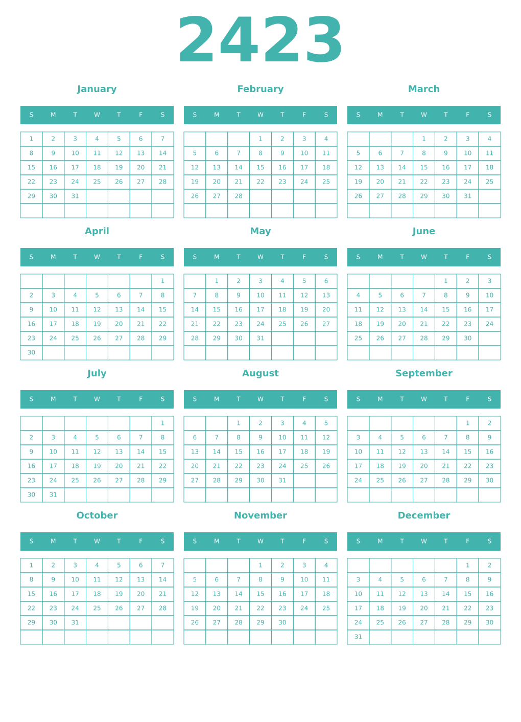Printable 2423 Year Calendars verdigris