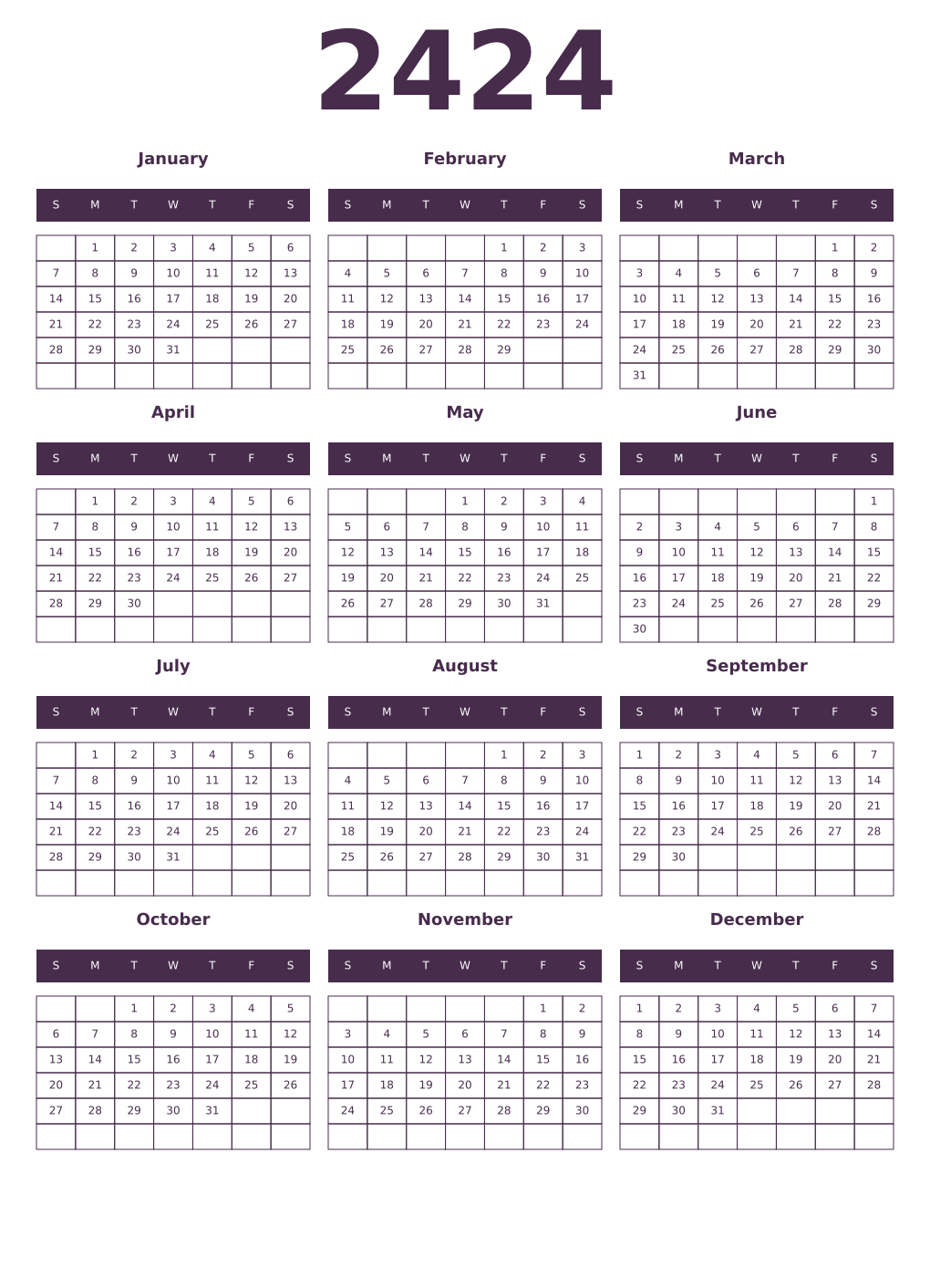 Printable 2424 Year Calendars aubergine