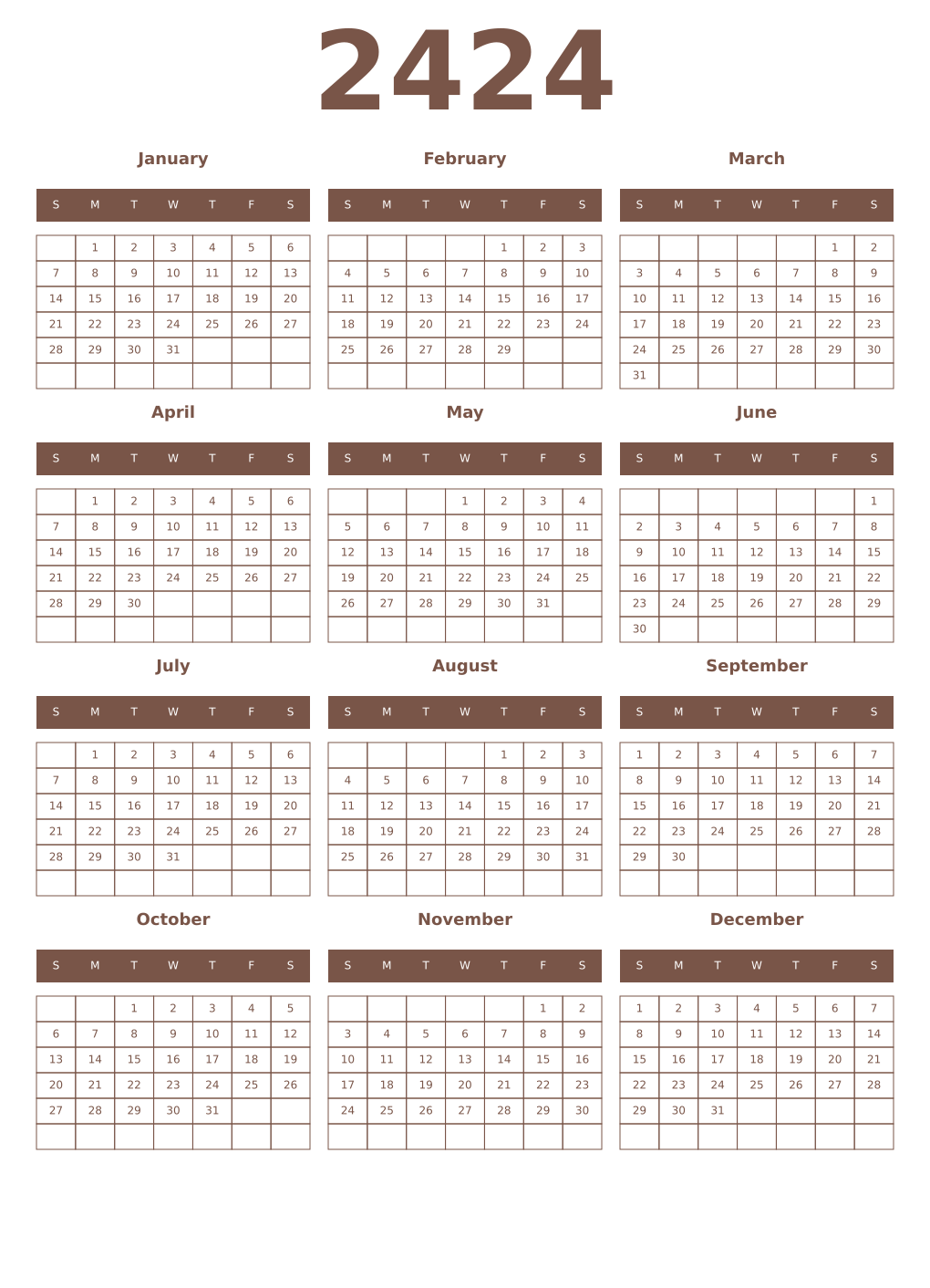 Printable 2424 Year Calendars coffe