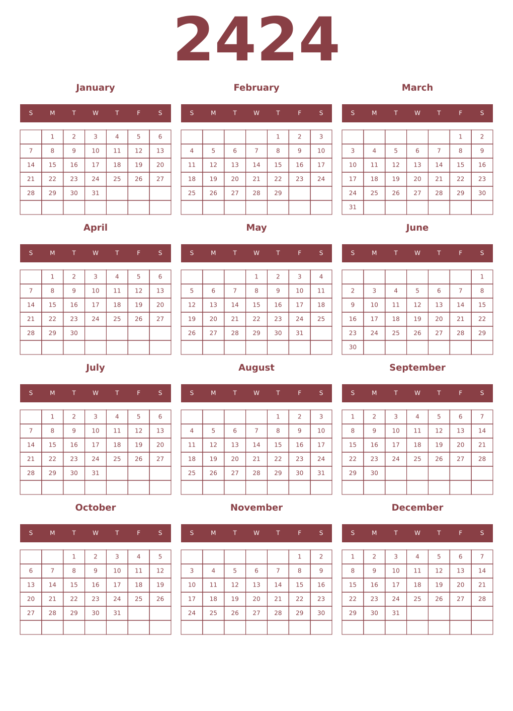Printable 2424 Year Calendars cordovan