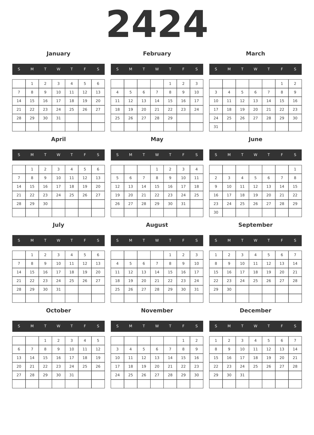Printable 2424 Year Calendars dark