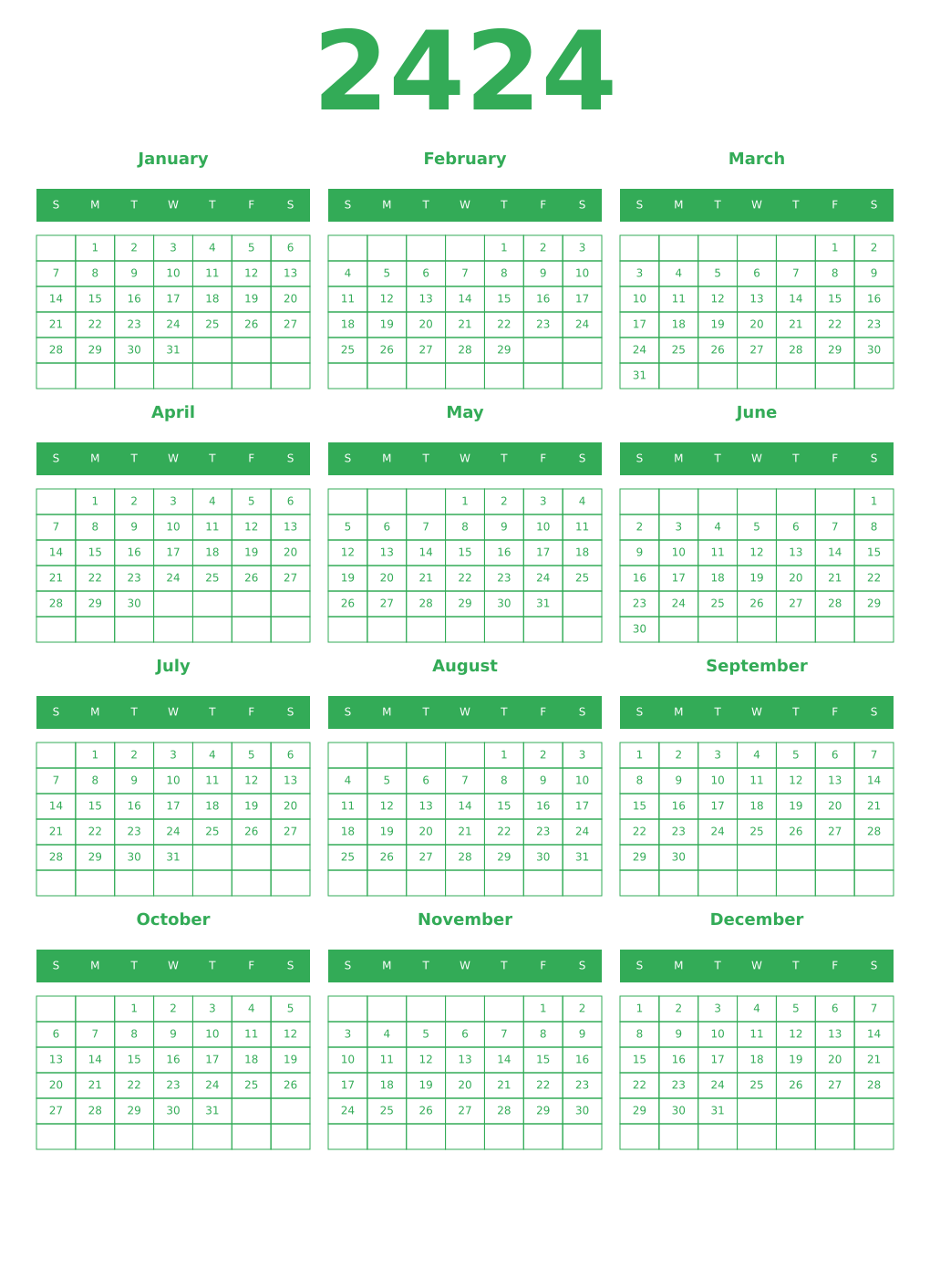Printable 2424 Year Calendars green