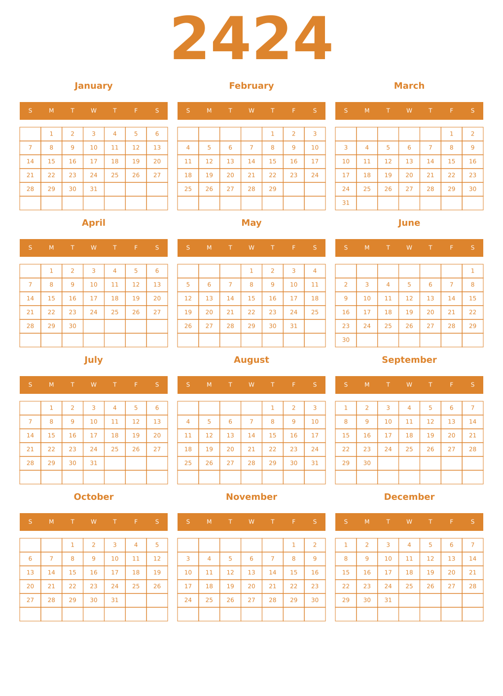 Printable 2424 Year Calendars orange