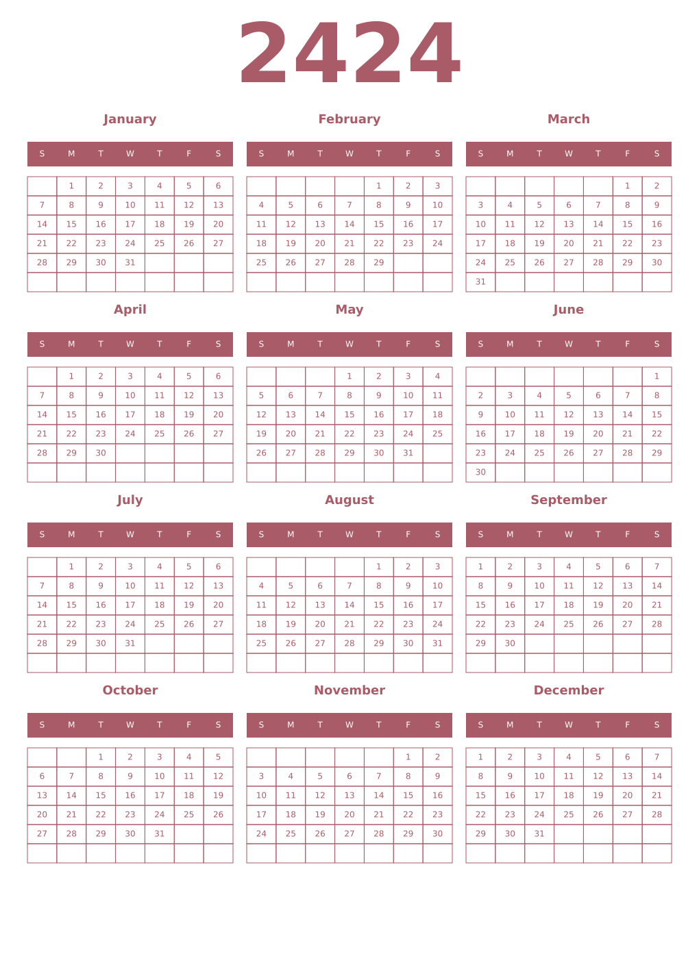 Printable 2424 Year Calendars puce