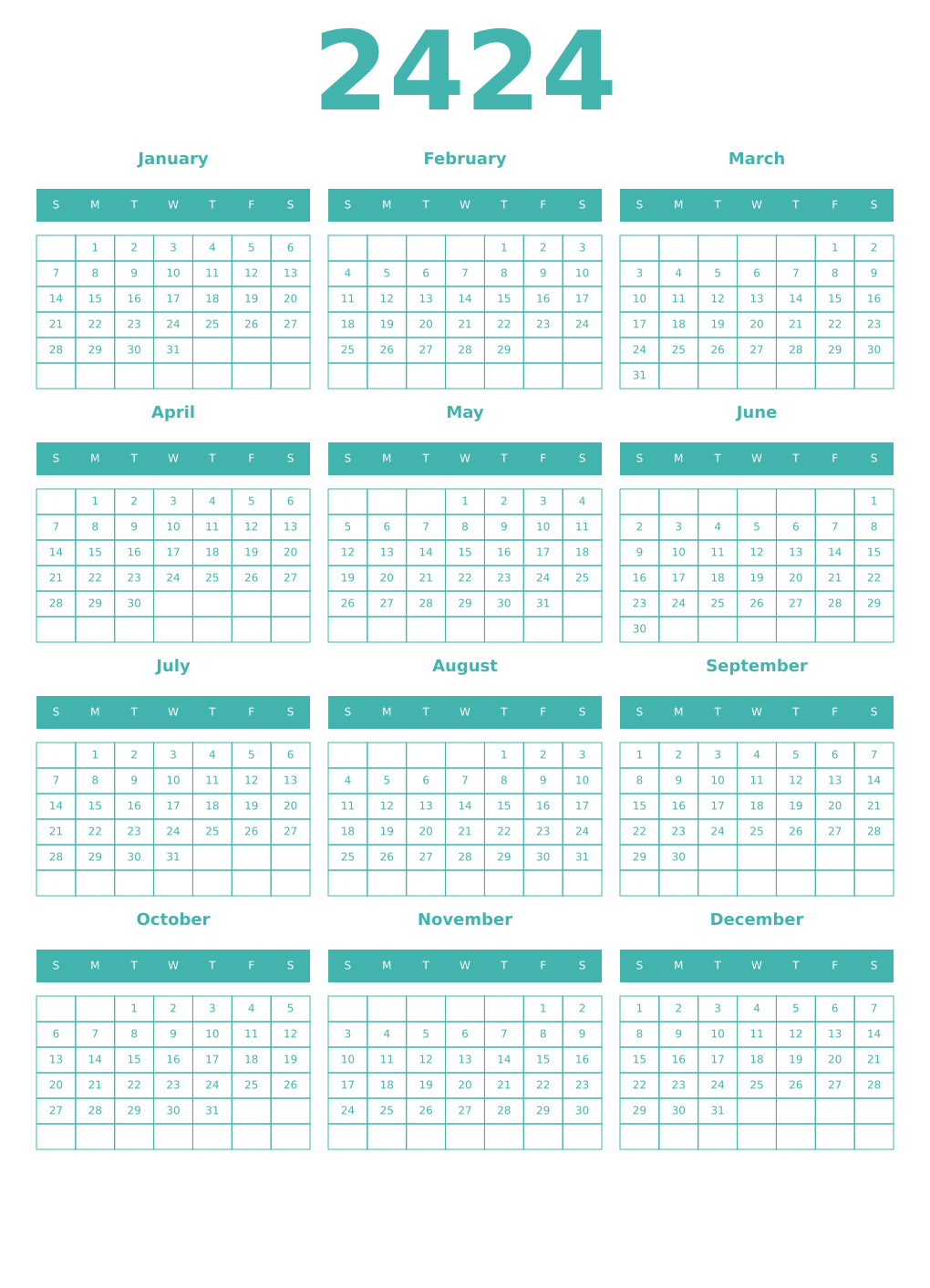 Printable 2424 Year Calendars verdigris