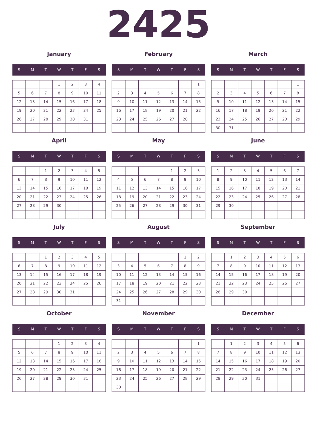 Printable 2425 Year Calendars aubergine