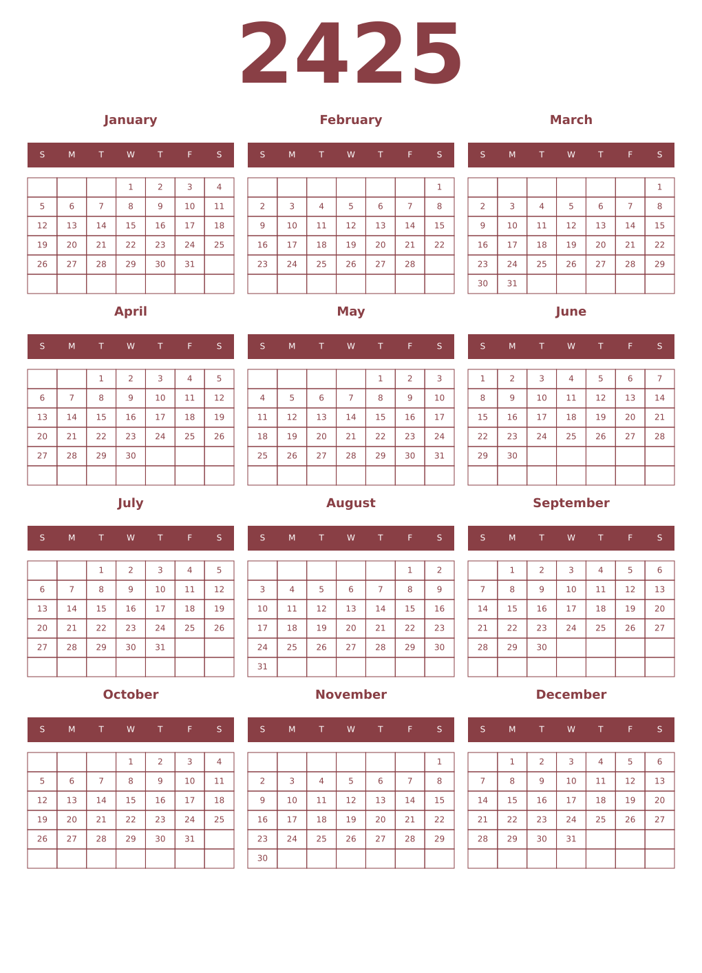 Printable 2425 Year Calendars cordovan