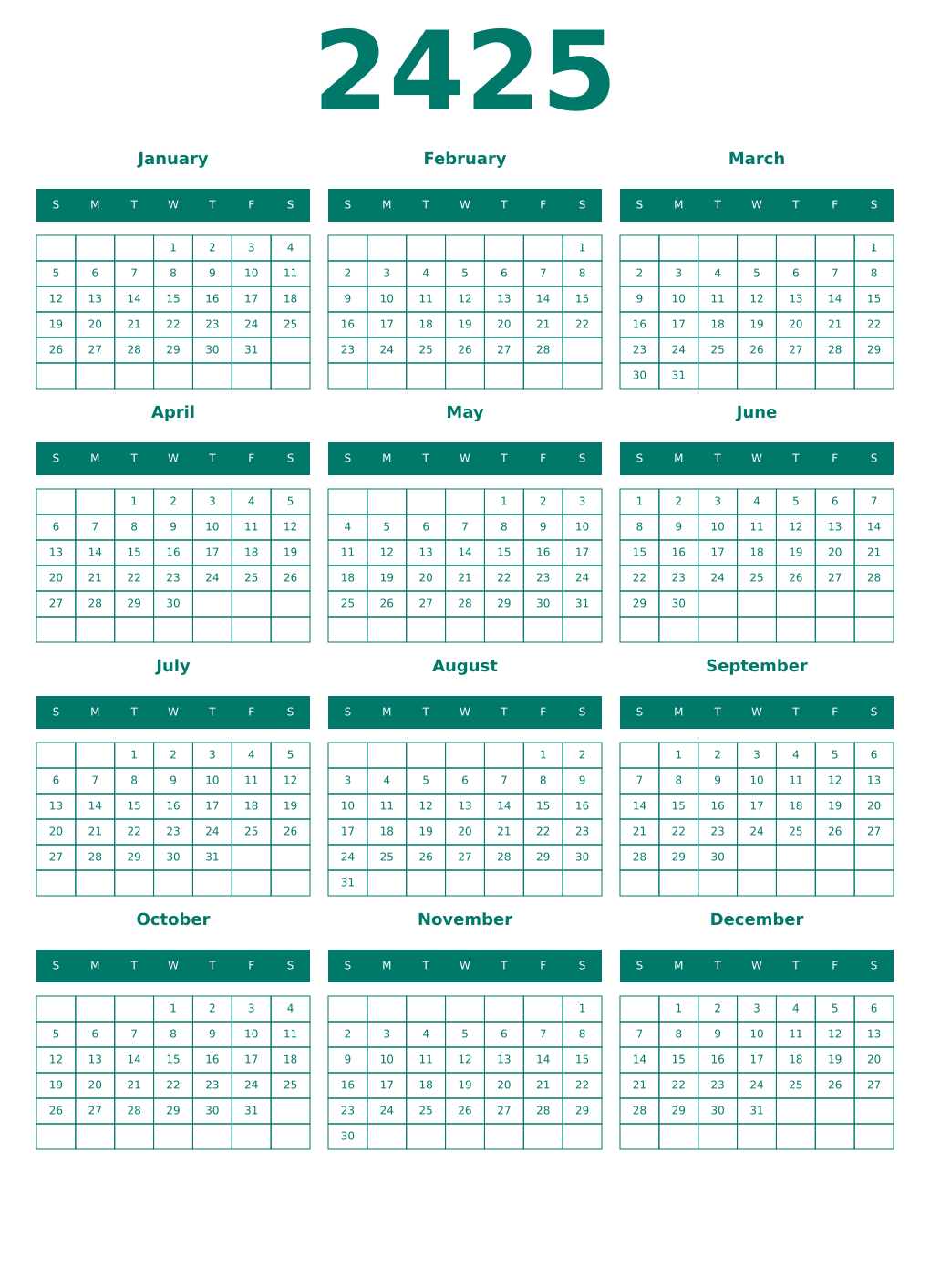 Printable 2425 Year Calendars pastel