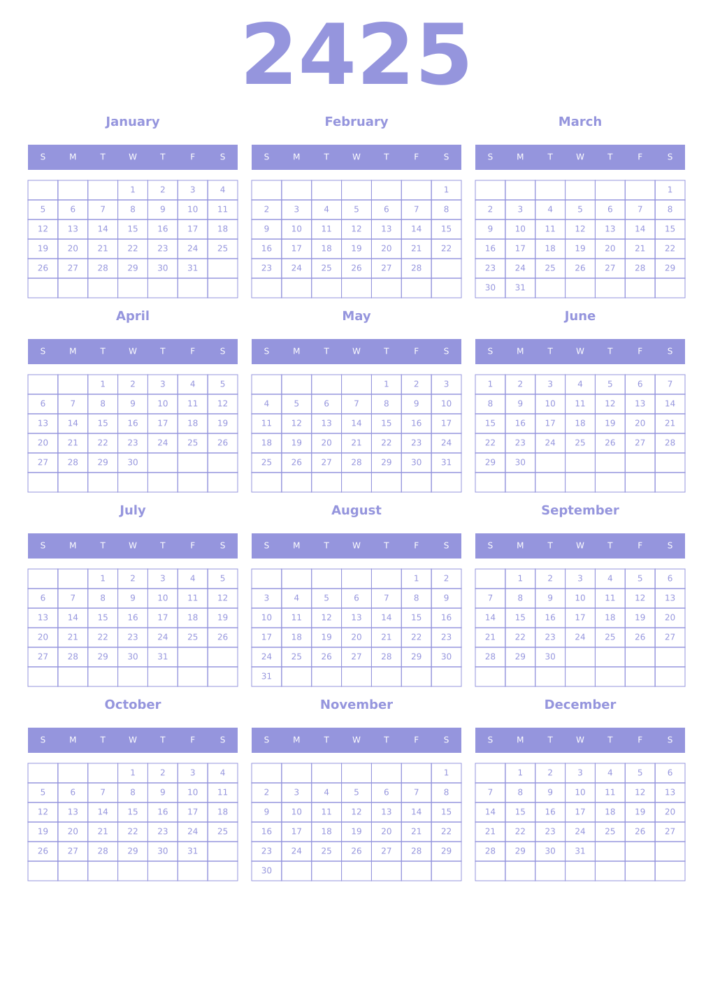 Printable 2425 Year Calendars periwinkle