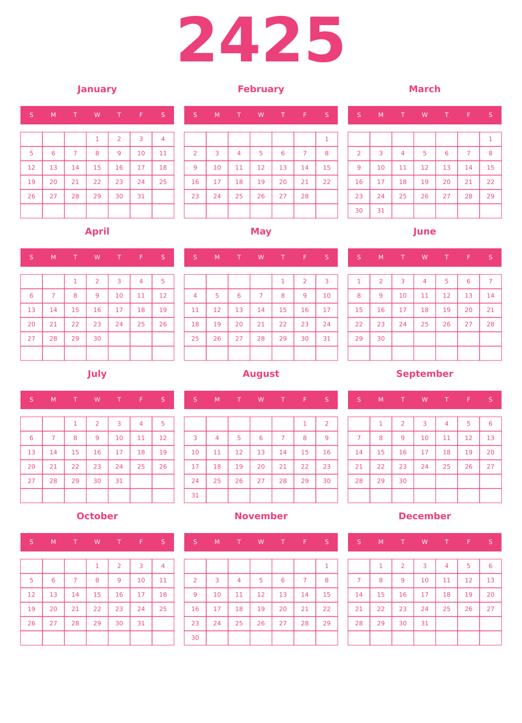Printable 2425 Year Calendars pink