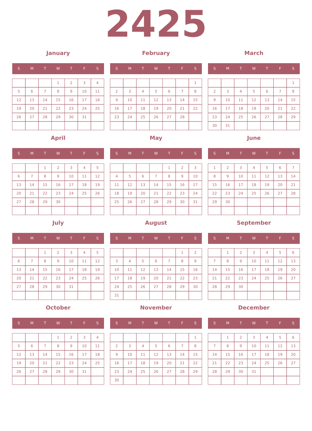 Printable 2425 Year Calendars puce