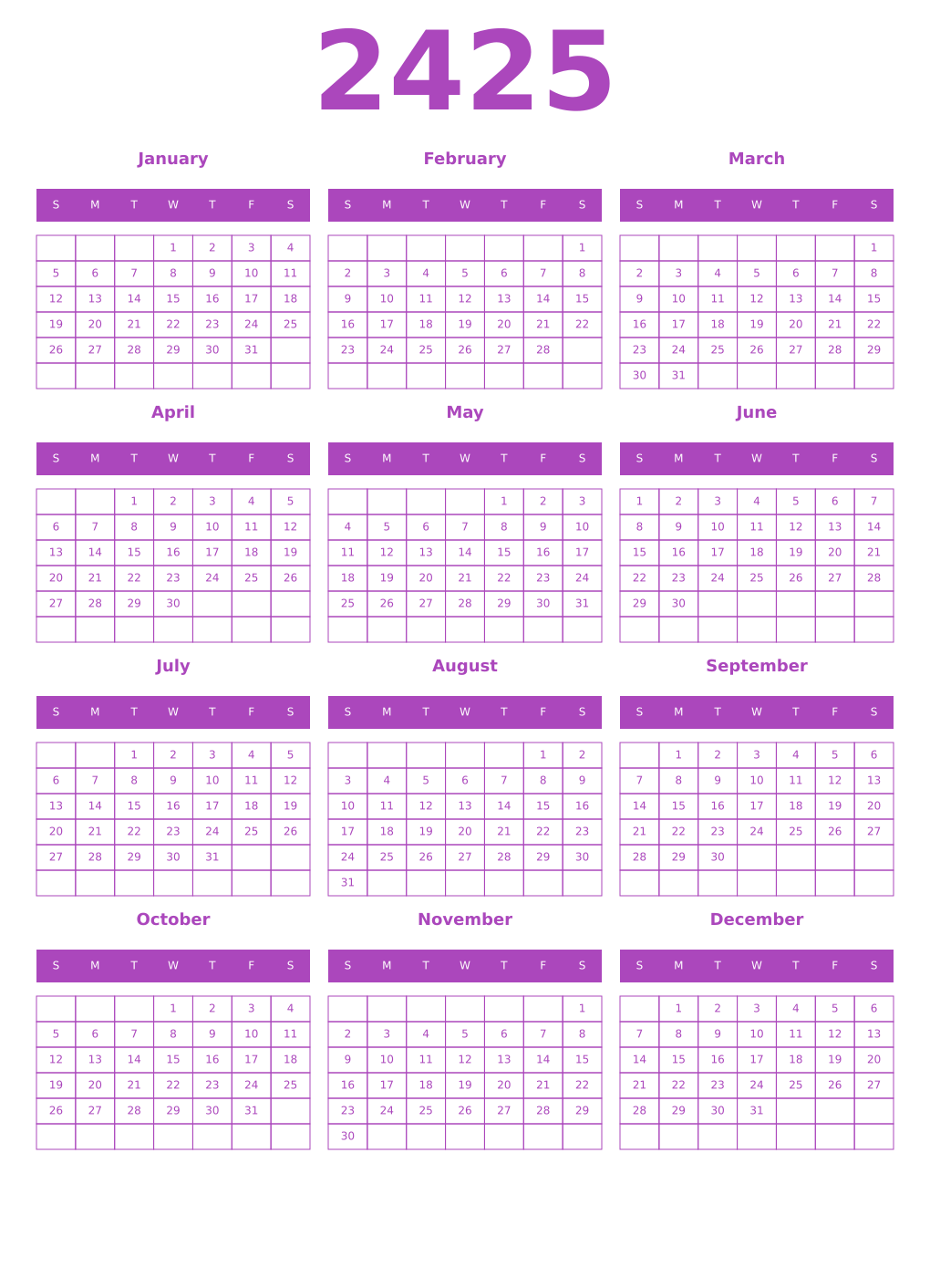 Printable 2425 Year Calendars purple