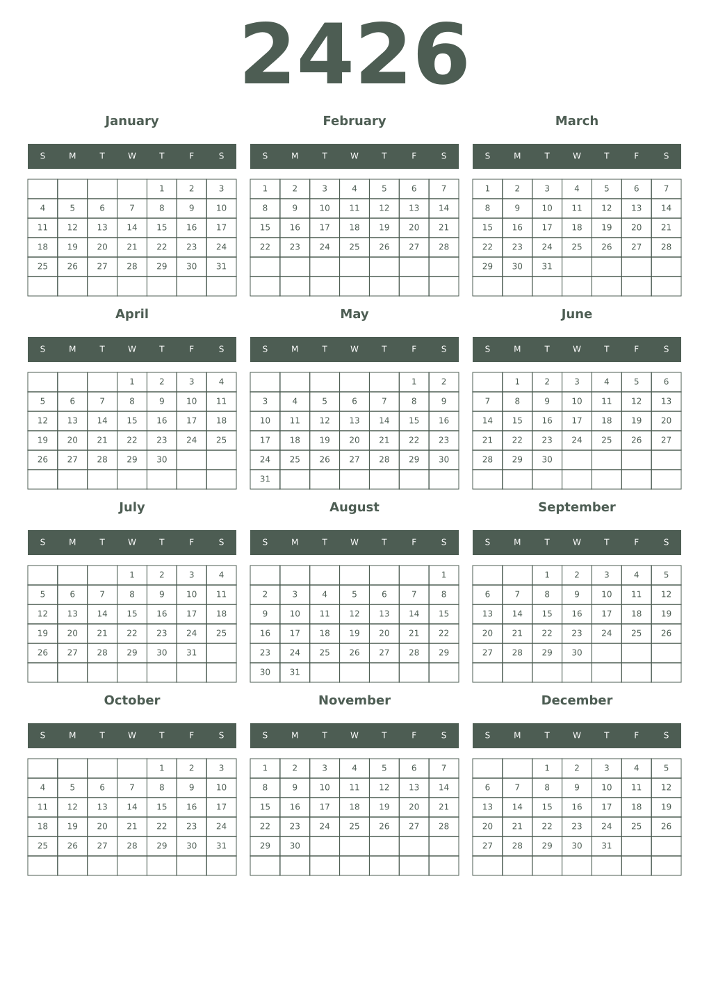 Printable 2426 Year Calendars feldgrau