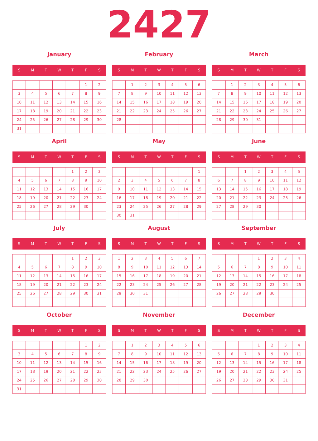 Printable 2427 Year Calendars amaranth