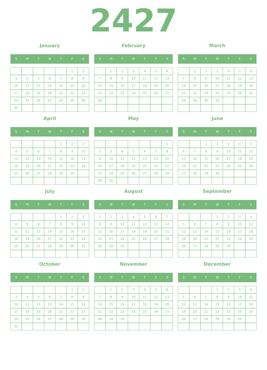 Printable 2427 Year Calendars celadon