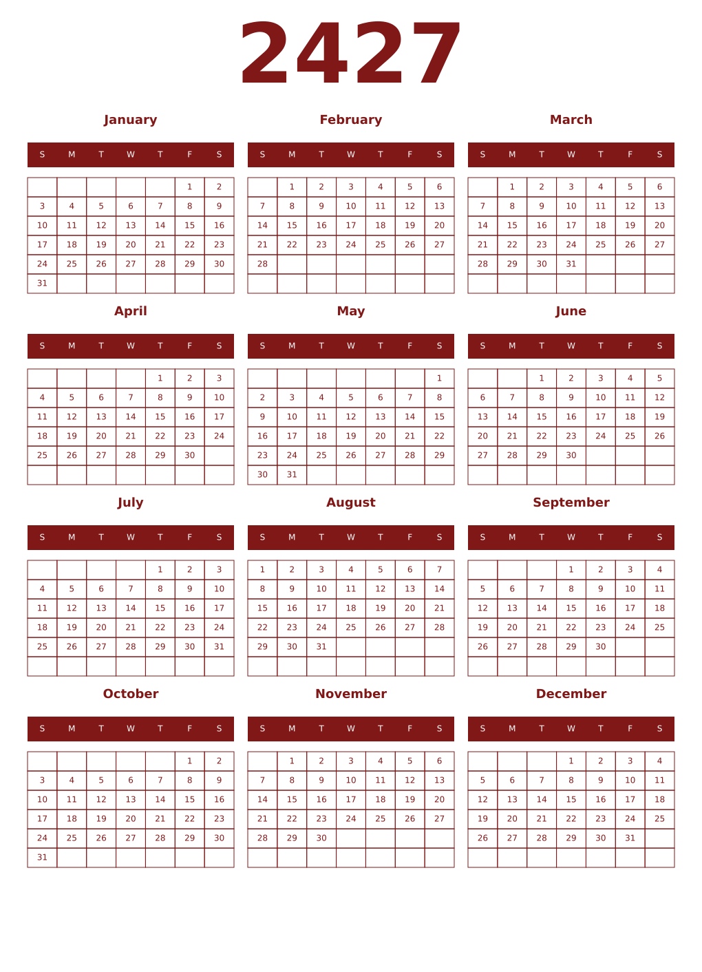 Printable 2427 Year Calendars falu