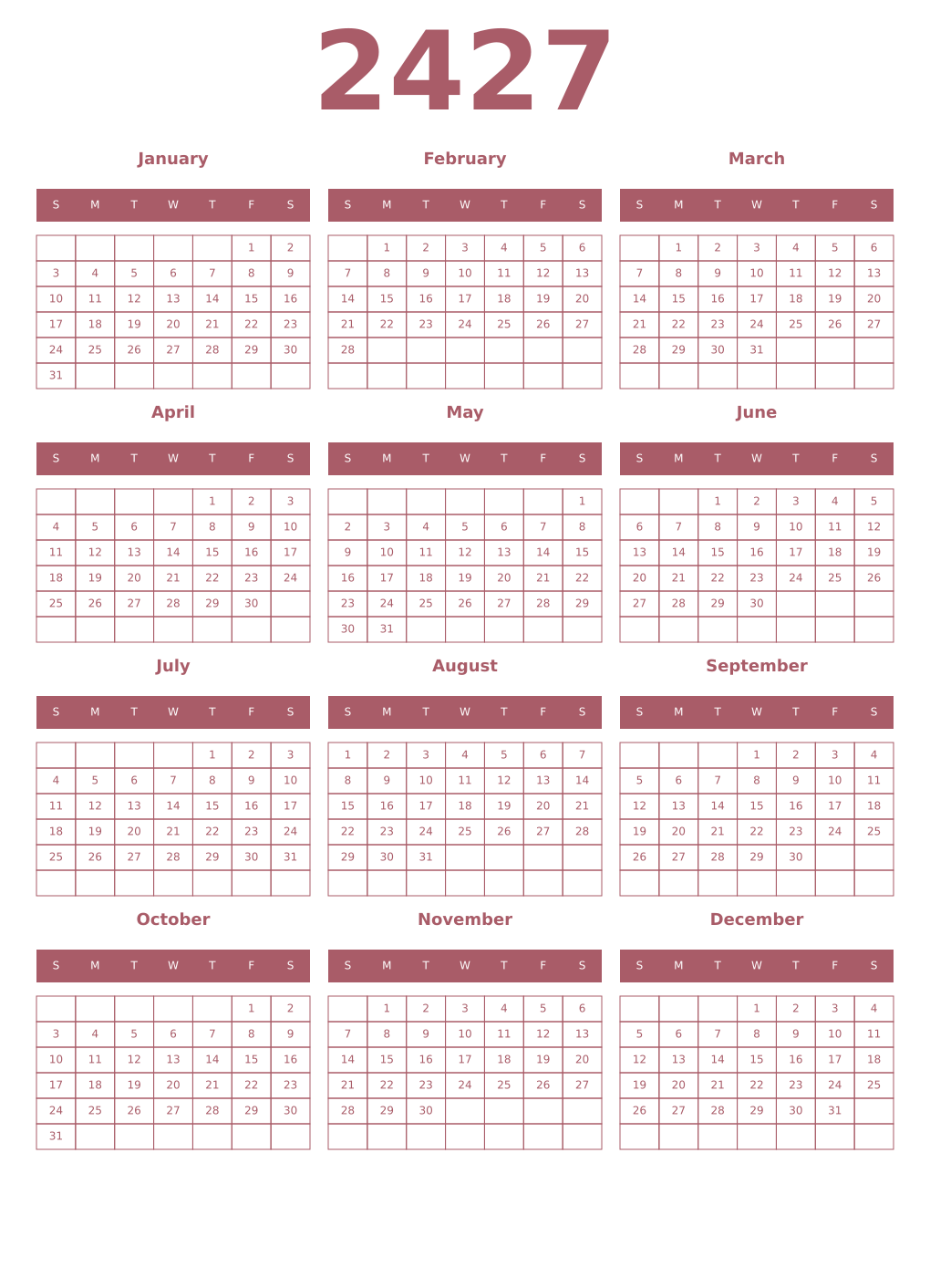 Printable 2427 Year Calendars puce