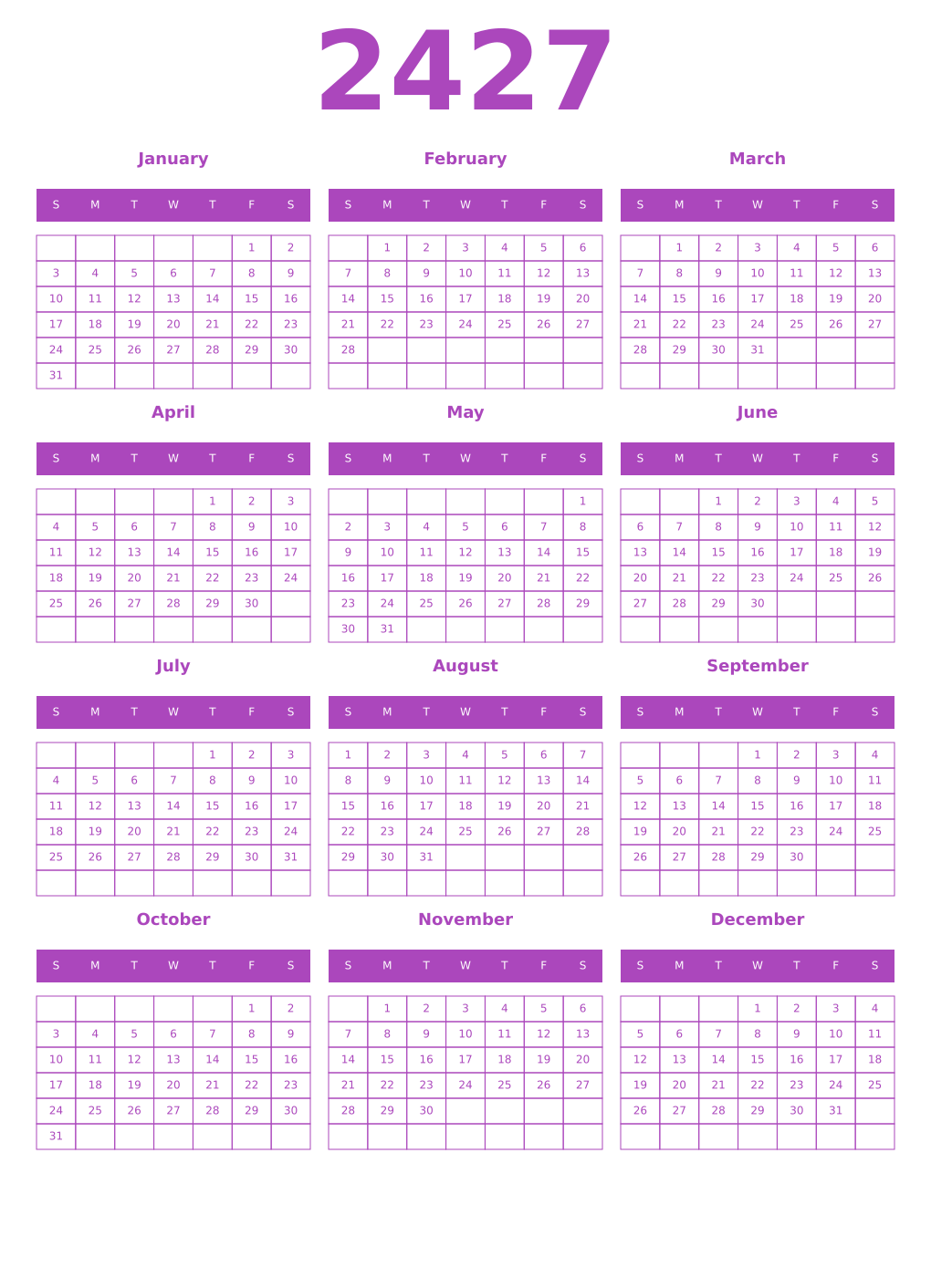 Printable 2427 Year Calendars purple