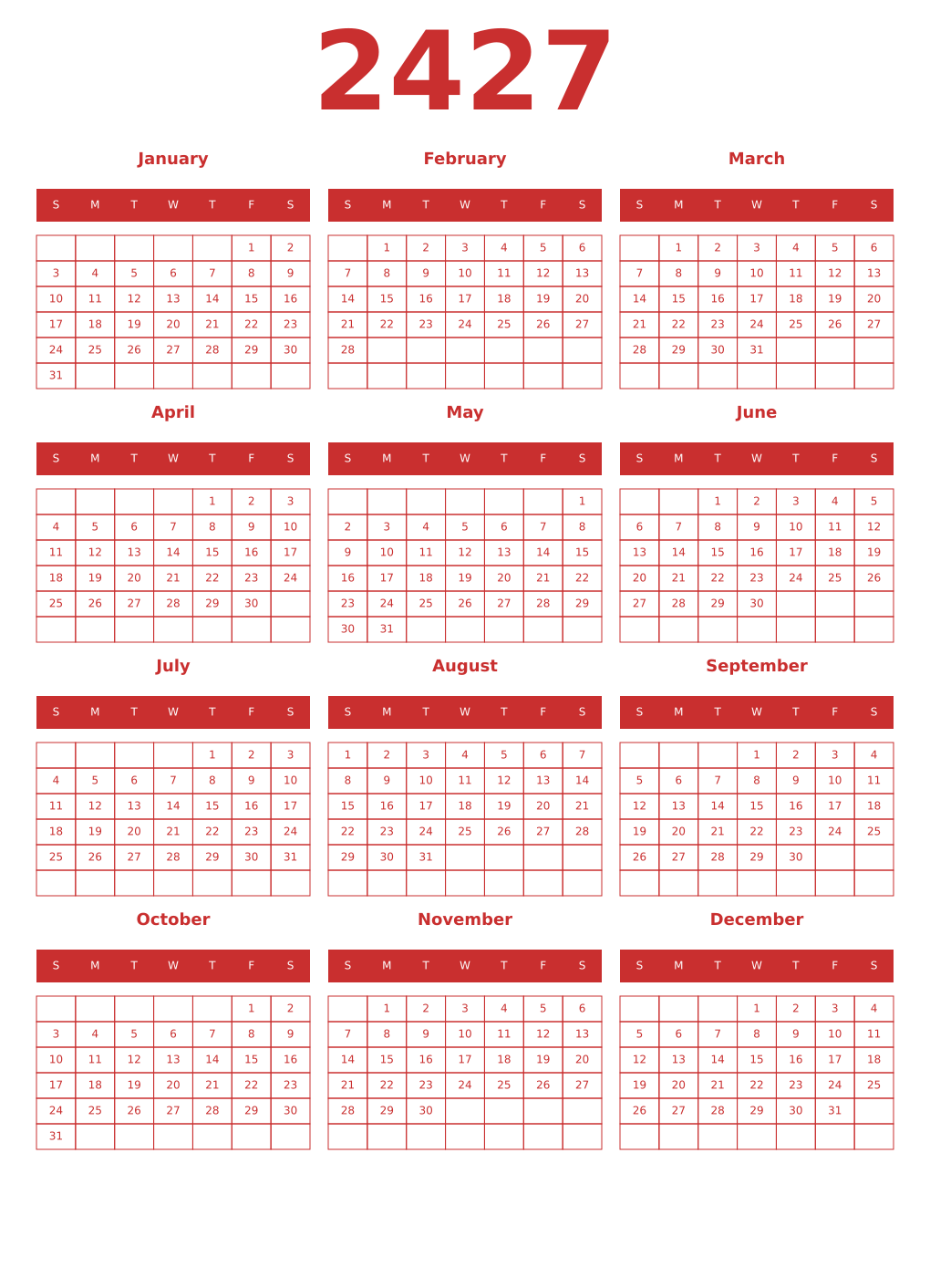 Printable 2427 Year Calendars red