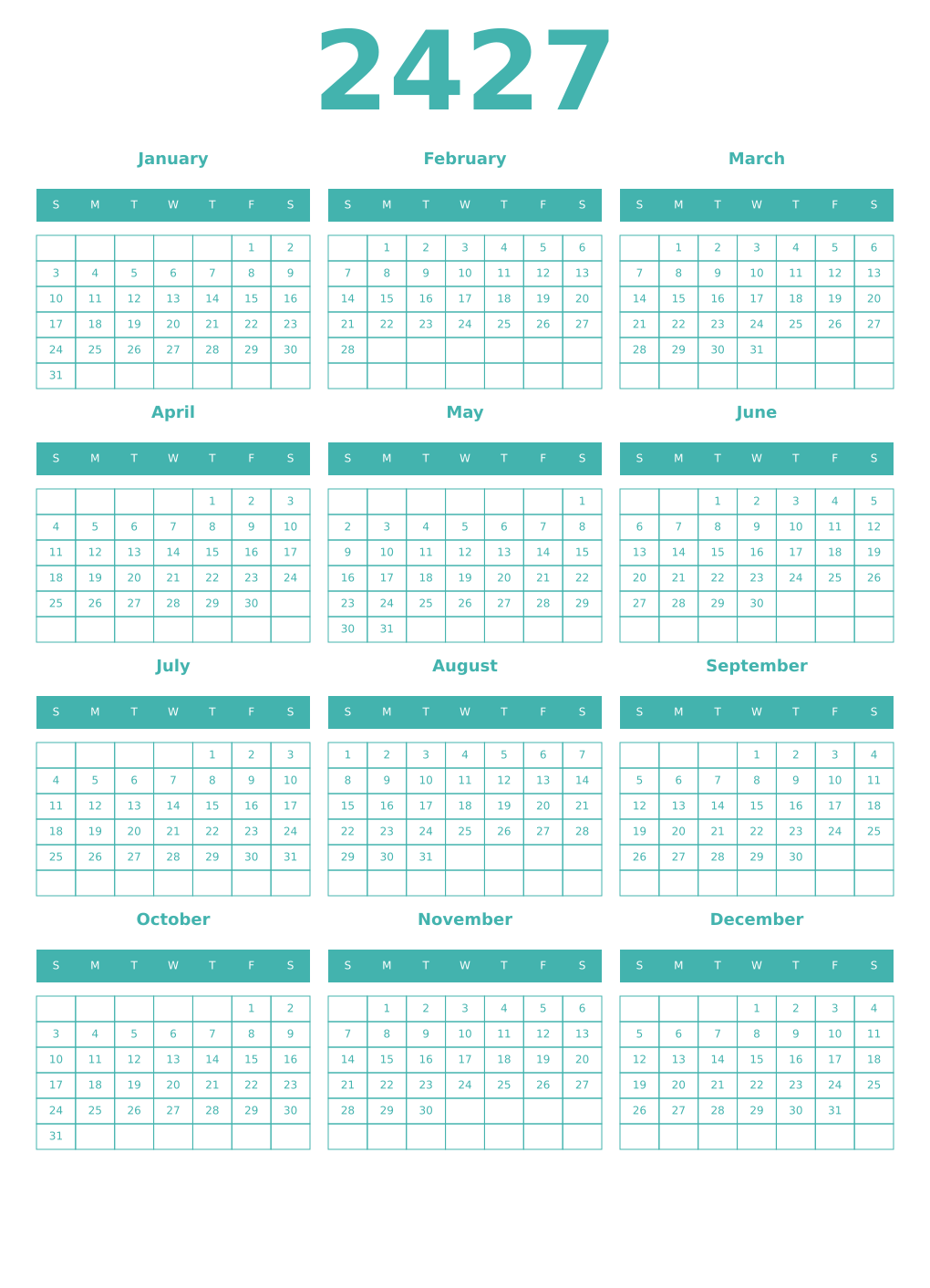 Printable 2427 Year Calendars verdigris