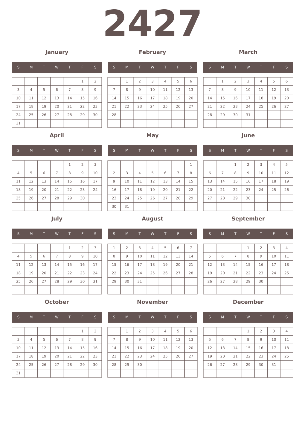 Printable 2427 Year Calendars wenge