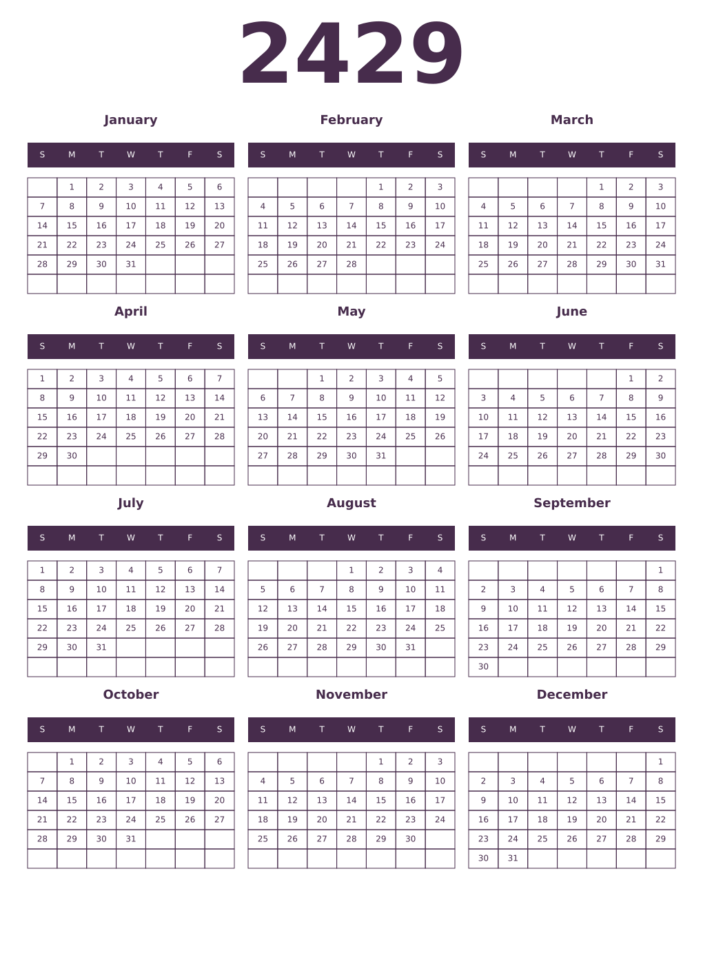 Printable 2429 Year Calendars aubergine