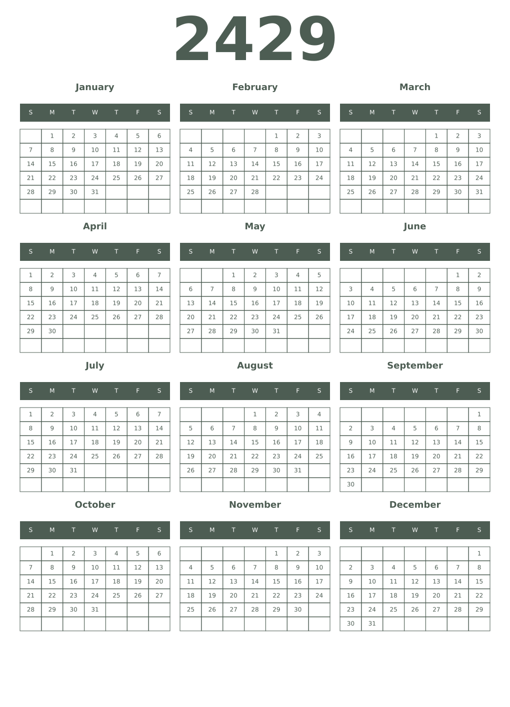Printable 2429 Year Calendars feldgrau