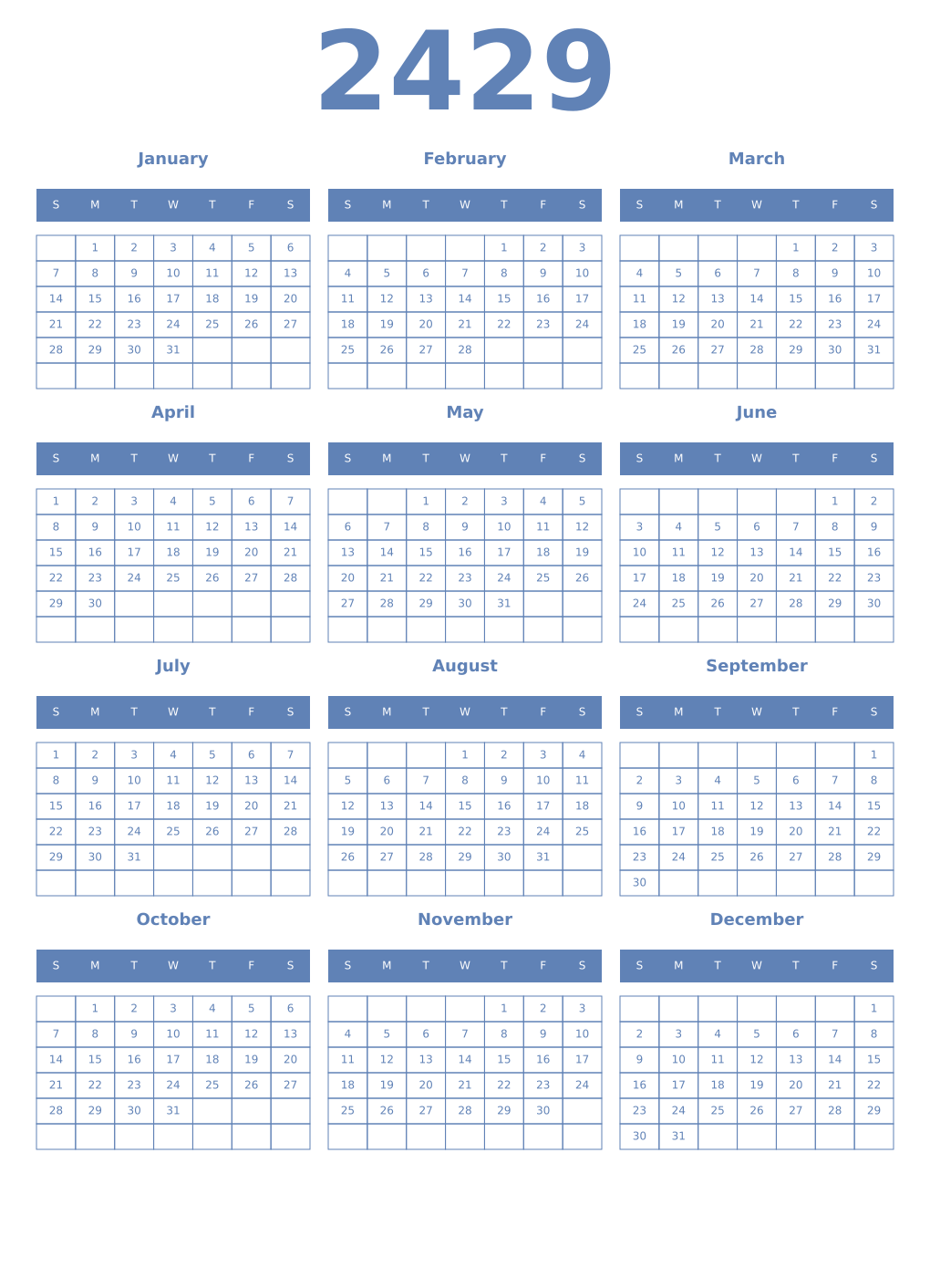 Printable 2429 Year Calendars glaucous