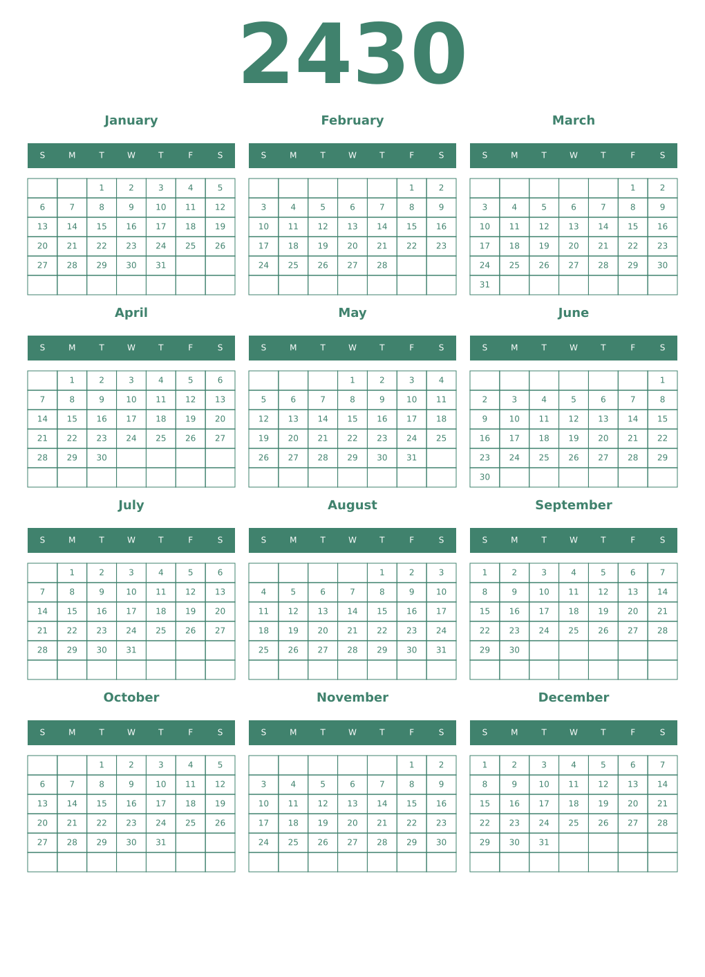 Printable 2430 Year Calendars viridian