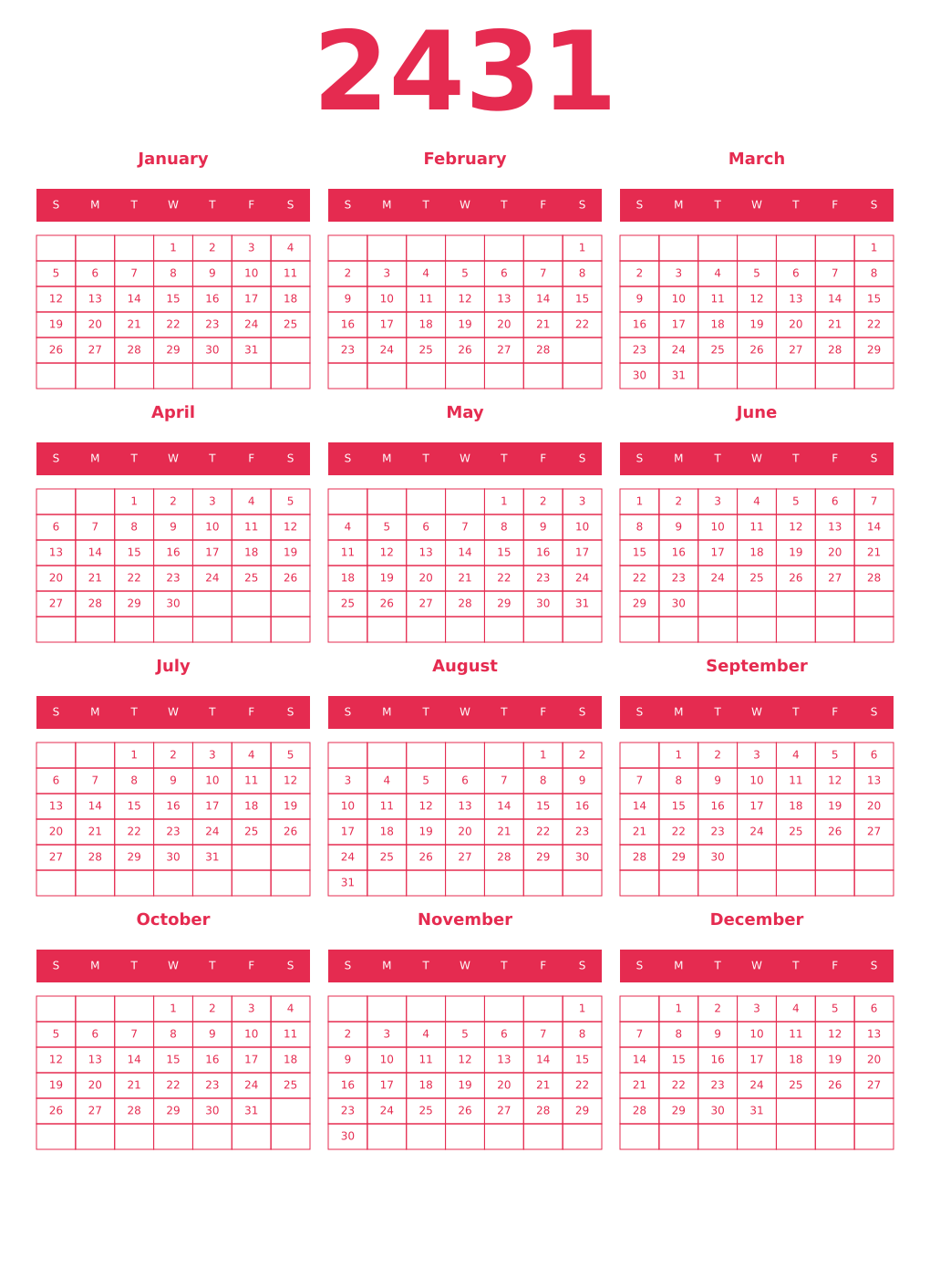 Printable 2431 Year Calendars amaranth