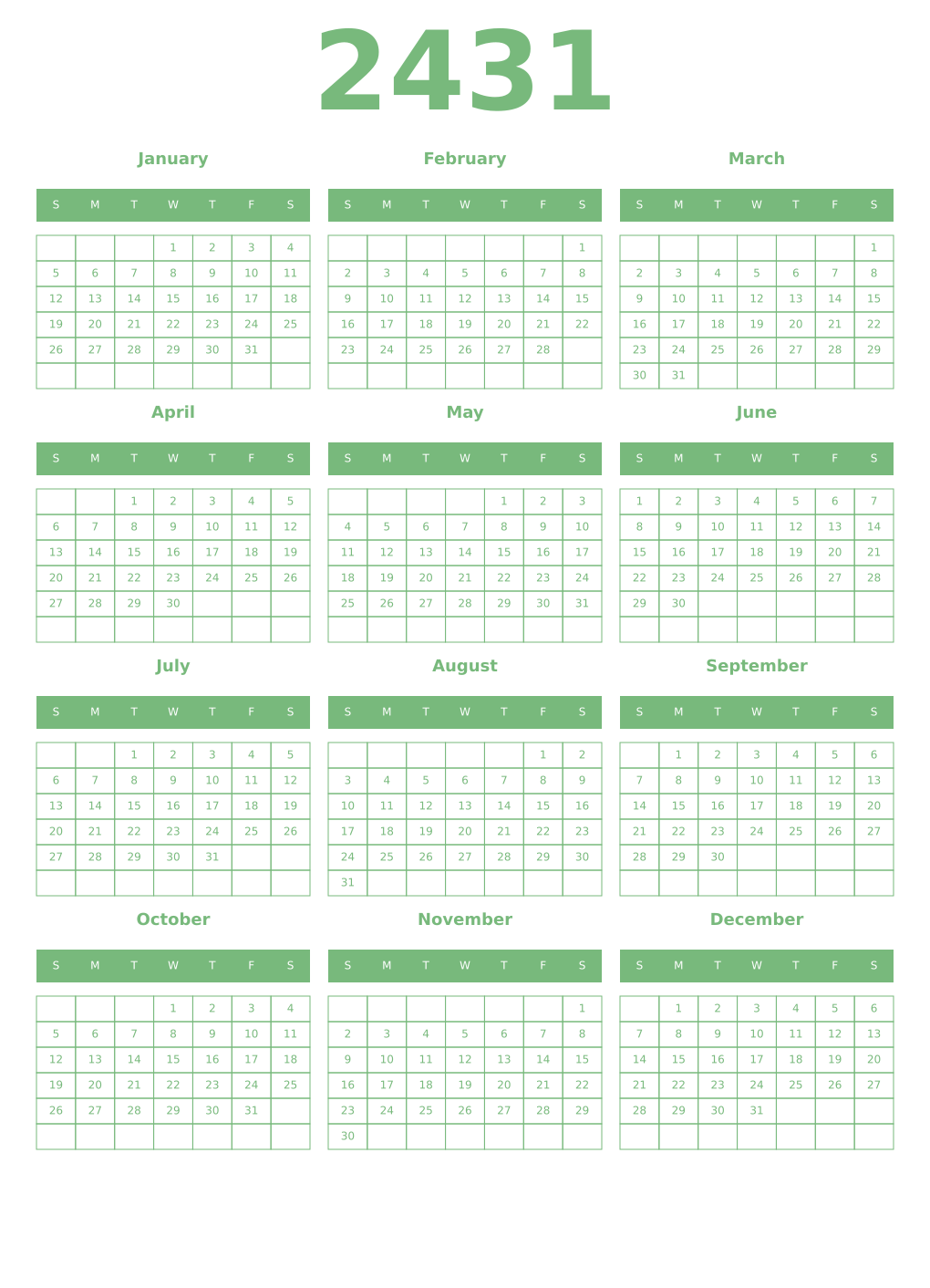 Printable 2431 Year Calendars celadon