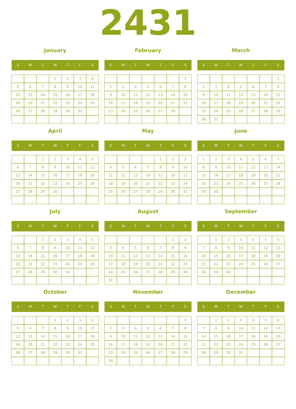 Printable 2431 Year Calendars chartreuse