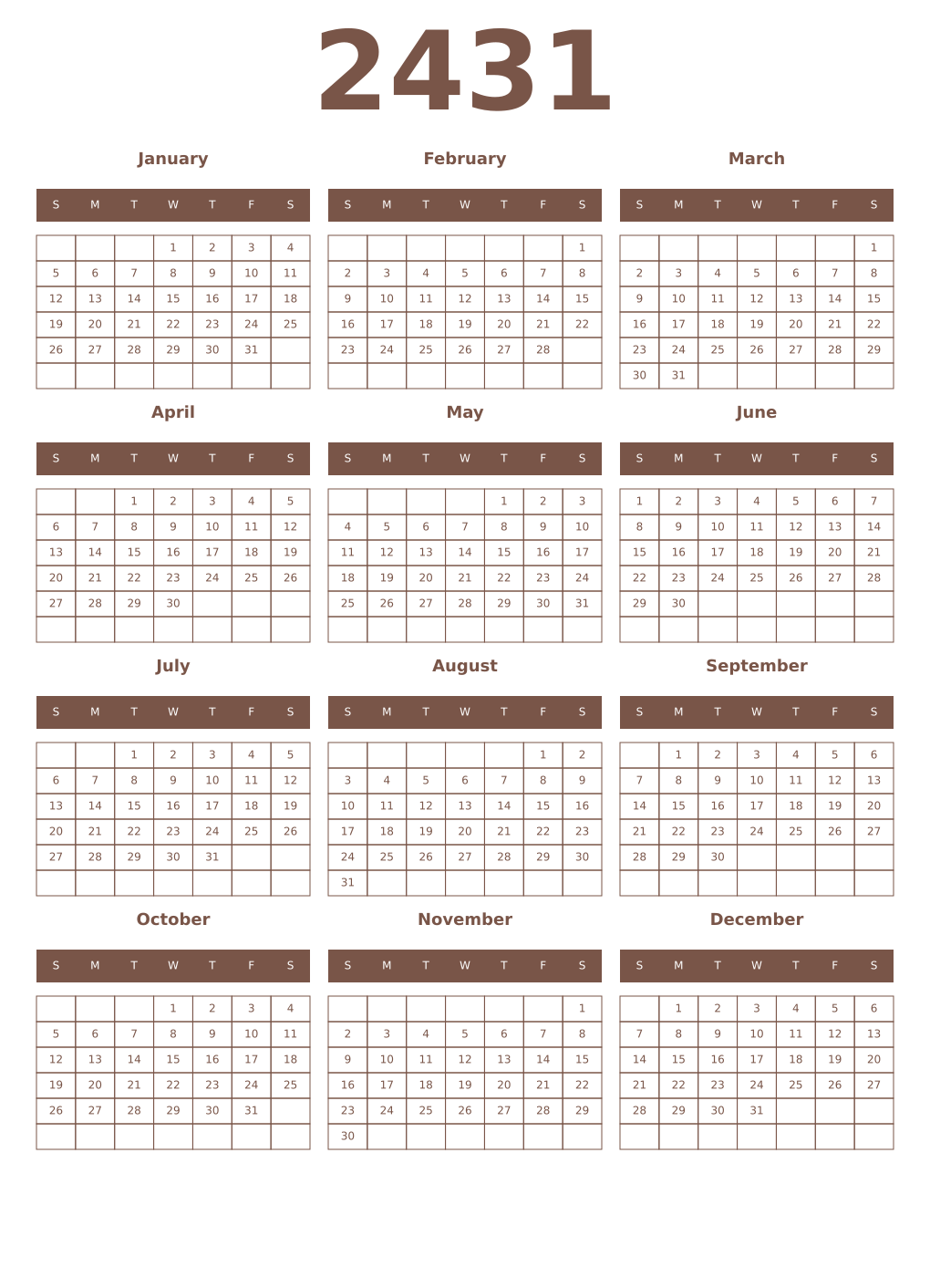 Printable 2431 Year Calendars coffe