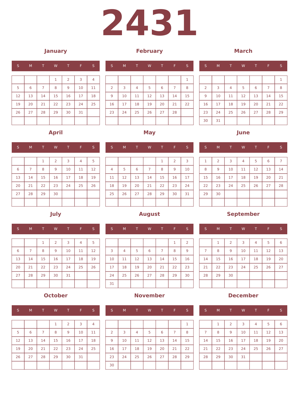 Printable 2431 Year Calendars cordovan