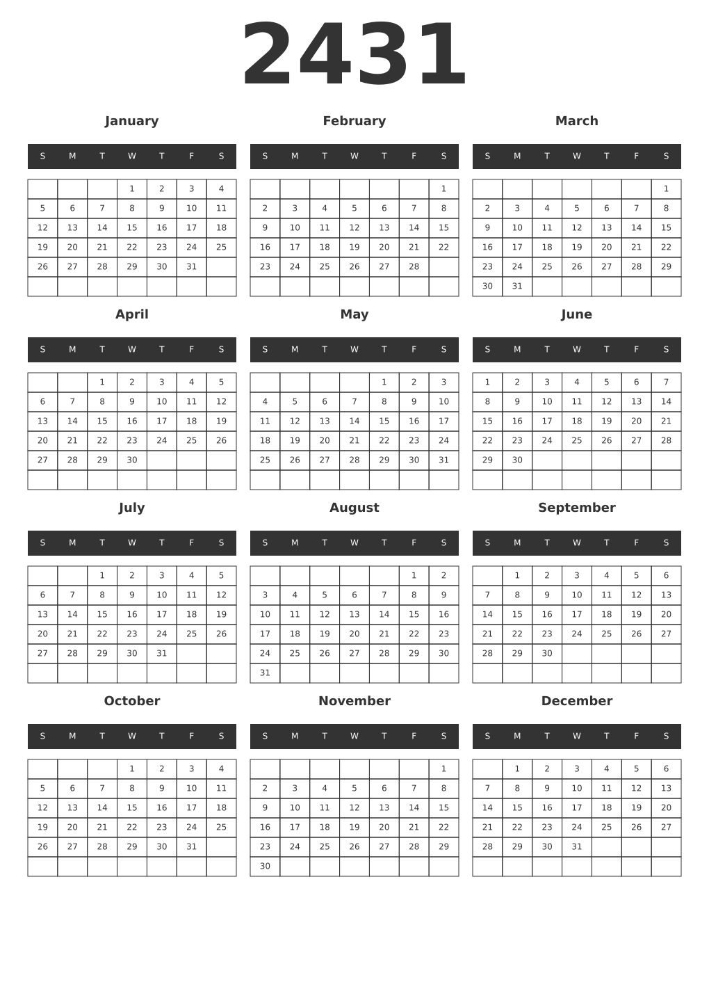 Printable 2431 Year Calendars dark