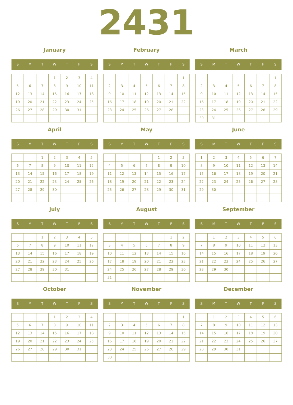 Printable 2431 Year Calendars eburnean