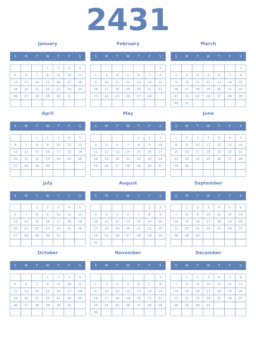 Printable 2431 Year Calendars glaucous