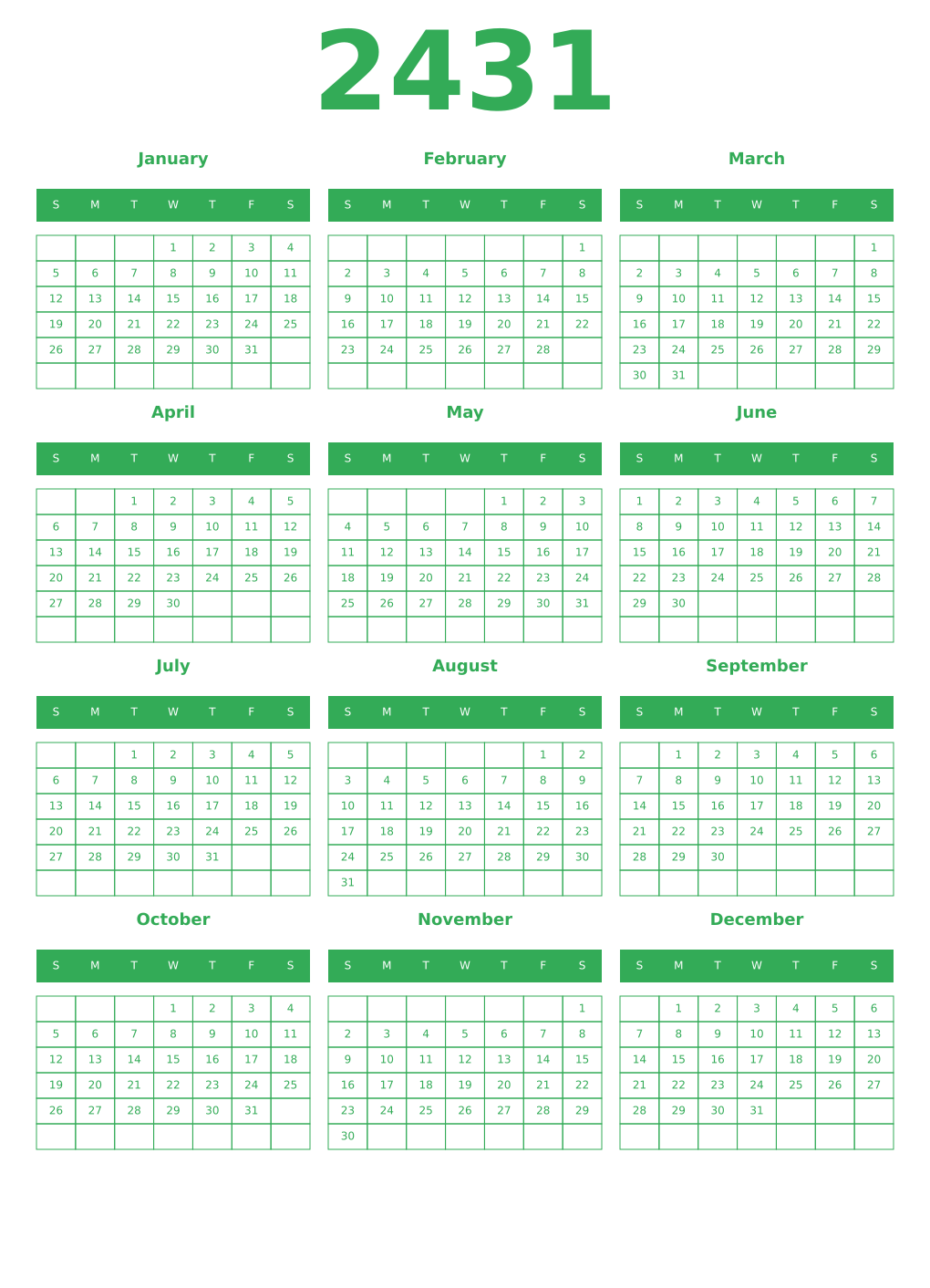 Printable 2431 Year Calendars green