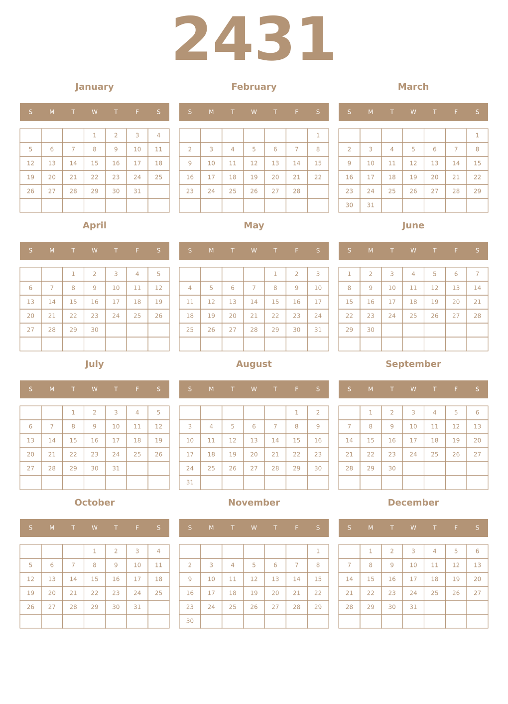 Printable 2431 Year Calendars isabelline
