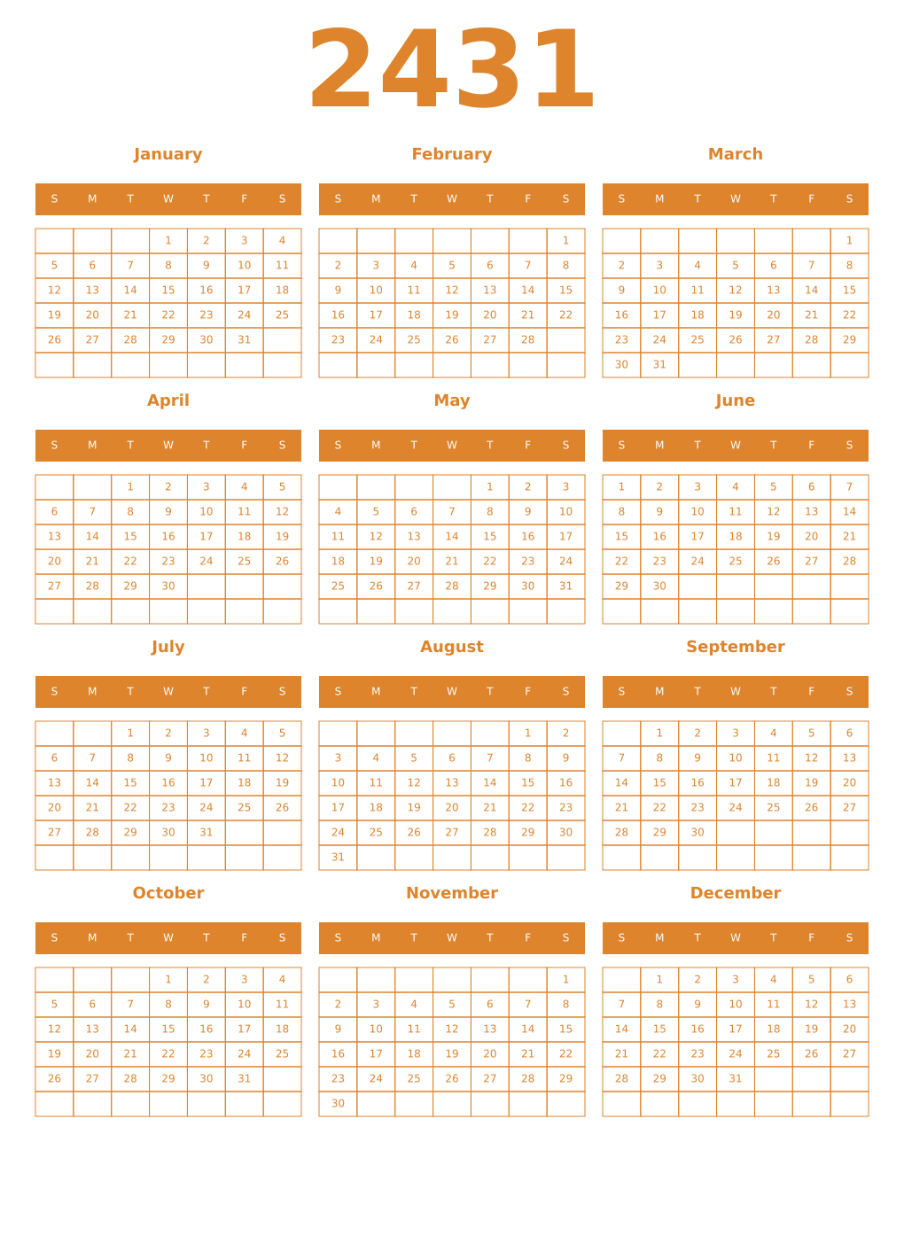 Printable 2431 Year Calendars orange