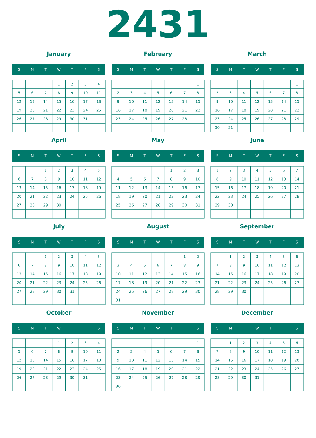 Printable 2431 Year Calendars pastel