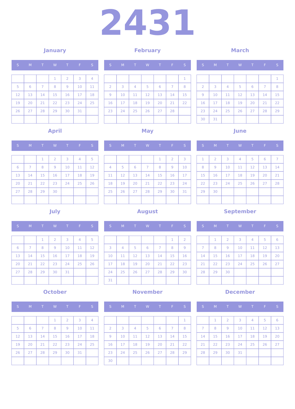 Printable 2431 Year Calendars periwinkle