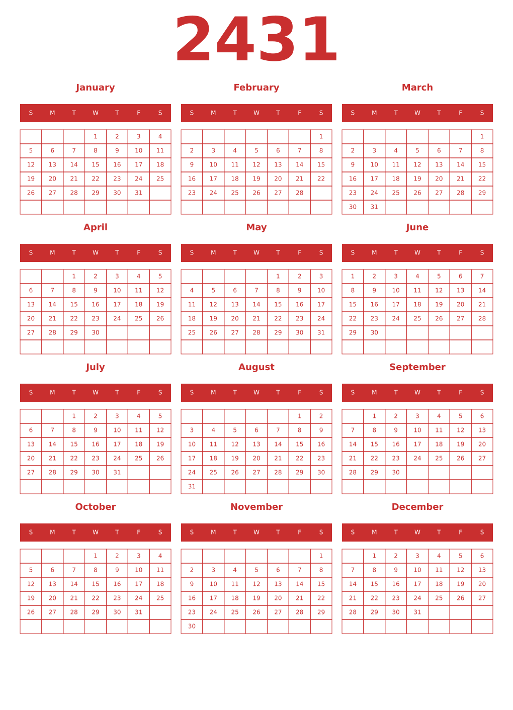 Printable 2431 Year Calendars red