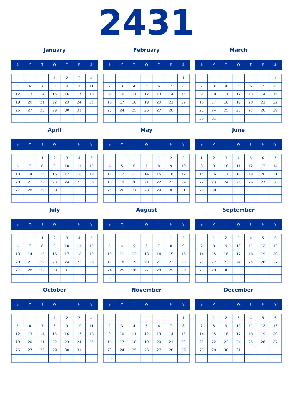 Printable 2431 Year Calendars smalt