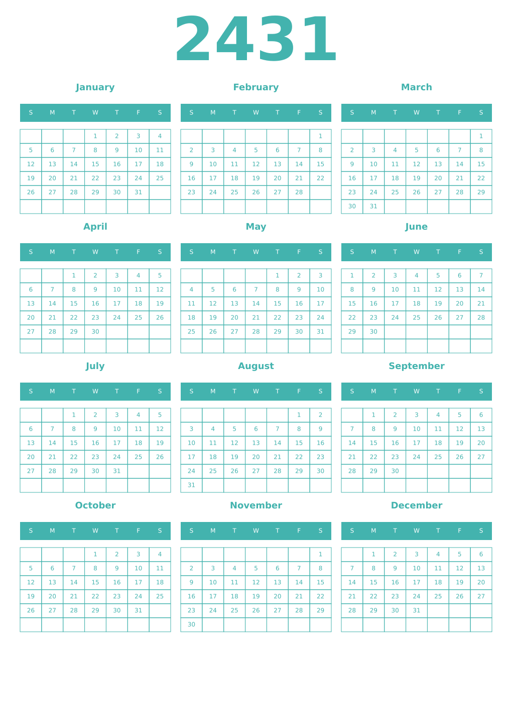 Printable 2431 Year Calendars verdigris