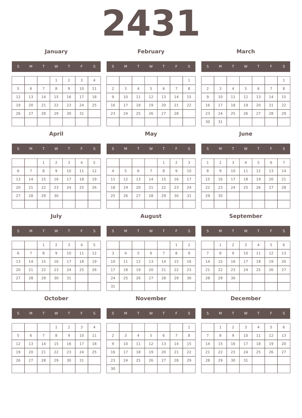 Printable 2431 Year Calendars wenge