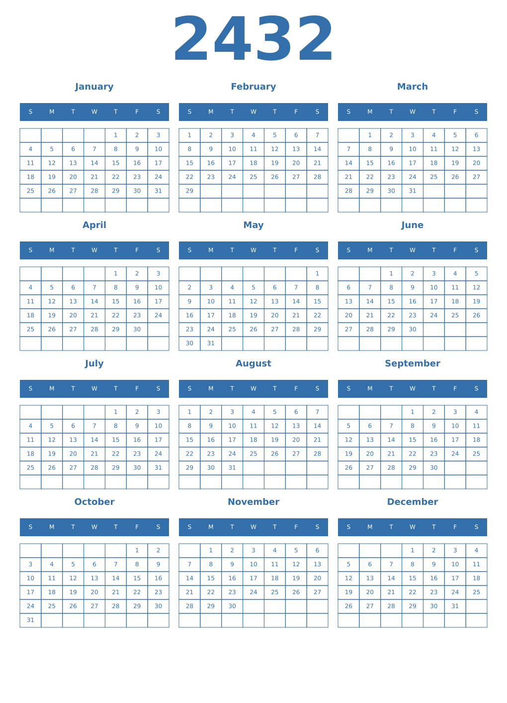 Printable 2432 Year Calendars blue